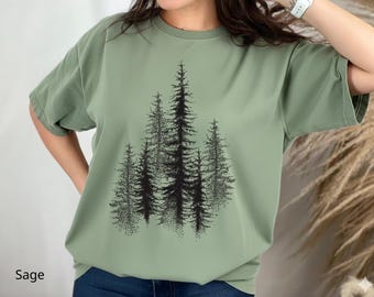 Camiseta Silhueta da Floresta – Camiseta Minimalista com Estampa de Pinheiro (Unissex)