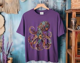 レトロなタコと花のTシャツ、ヴィンテージ風の海岸Tシャツ、花柄の海のシャツ