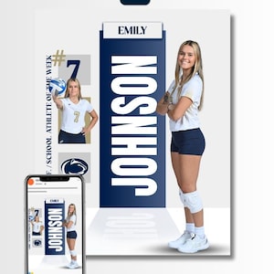 May include: A graphic design featuring a volleyball player named Emily Johnson. The design includes the text "Emily" and "Johnson" in a navy blue colour scheme, along with a photo of the athlete in a white jersey and navy shorts. A smartphone displays the same design.