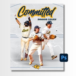 May include: A graphic poster featuring three baseball players in white uniforms with yellow and blue accents. The text reads Committed and Emmanuel College. The players wear caps with an E, and a lion mascot logo is at the bottom center.