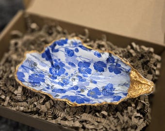 Oyster shell trinket dish large blue flowers jewellery dish