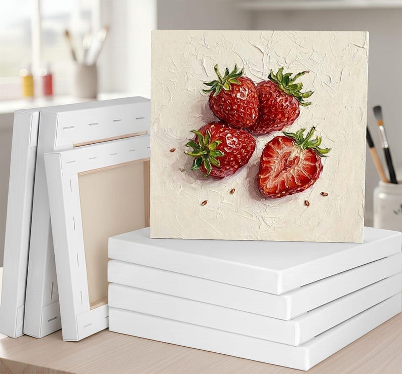 May include: A square canvas art print featuring a still life of strawberries. The painting shows three whole strawberries and one cut in half, with visible seeds. The canvas is stacked on top of other blank canvases, ready for painting.