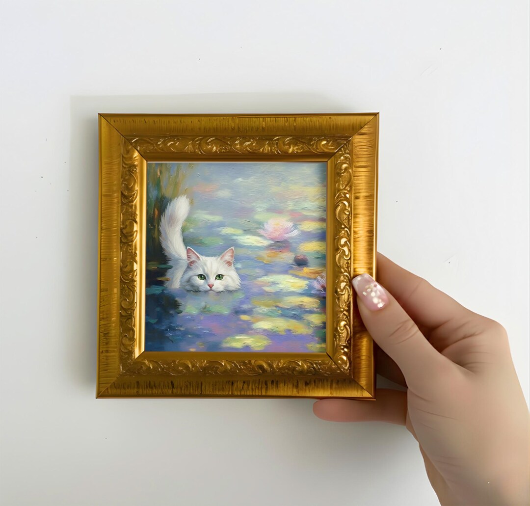 Mini White Cat, Dreamy Impressionist Cat Art, Small Framed Oil Painting ...
