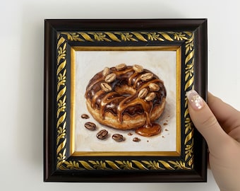 Original Donut Oil Painting, Dessert Wall Art, Coffee and Pastry Mini Framed Artwork