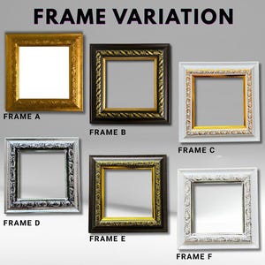 May include: Image showcasing six different square picture frames. The frames vary in color and design, including gold, black, silver, and white. The text "FRAME VARIATION" is at the top, with each frame labeled A through F.