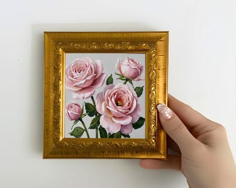 Hand Painted Pink Rose Oil Painting, Floral Art  5x5 inch Framed Canvas