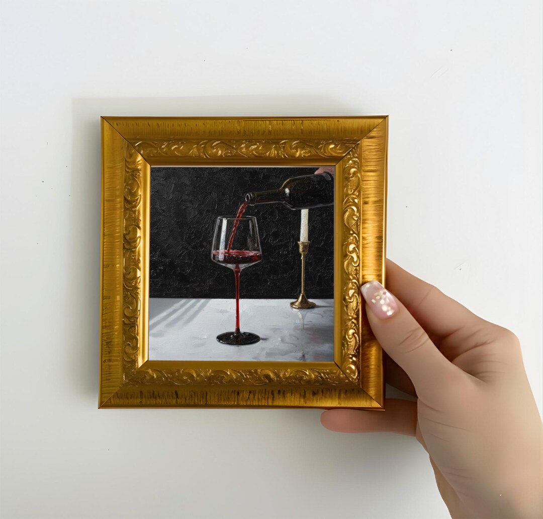 Original Oil Painting Wine Artwork, Red Wine Bottle and Glass 5x5 Inch ...
