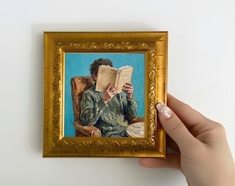 Man Reading Book  Oil Painting,  Book Lover Wall Art 5x5 inch Framed Canvas