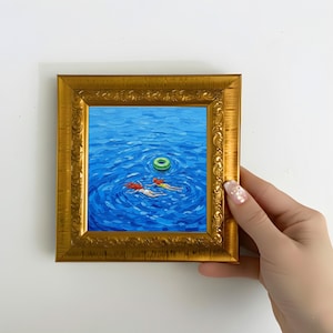 Tiny Swimmers Oil Painting, Swimming Wall Art  5x5 inch Framed Canvas
