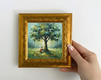 Pintura a óleo de raposa em miniatura, presente para amantes de animais, tela emoldurada de 12,7 x 12,7 cm (5 x 5 polegadas).