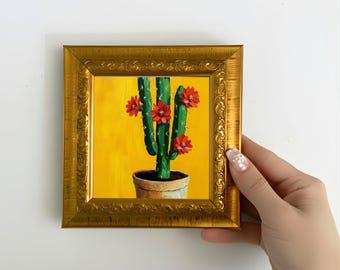 Miniature de cactus, mini peinture à l'huile, cadeau pour les amoureux des plantes, toile encadrée 12,7 x 12,7 cm