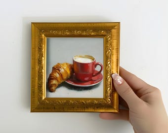 Coffee and Croissant Kitchen Wall Art, Food Original Oil Painting 5x5 inch Framed Canvas
