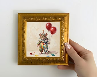 Miniature Mouse Clown Oil Painting, Hand Painted Style Mouse with Balloons
