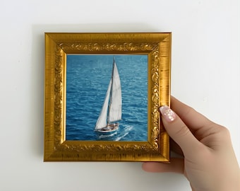 Original Hand Painted Ocean Oil Painting, Small Framed Vintage Style Canvas Wall Art