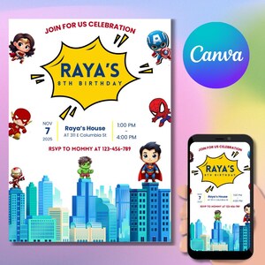 Hero Cartoon Birthday Invitation Editable Canva Template Digital Download