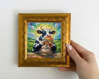 Lustige Kuh essen Burger Ölgemälde, wunderliche Bauernhof Tier Kunst 5 x 5 Zoll gerahmte Leinwand