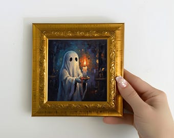 Ghost with Candle Oil Painting, Whimsical Halloween Art 5x5 inch Framed Canvas