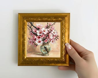 Kirschblüte rosa florales Ölgemälde, Sakura Wandkunst, Mini Leinwand Kunstwerk