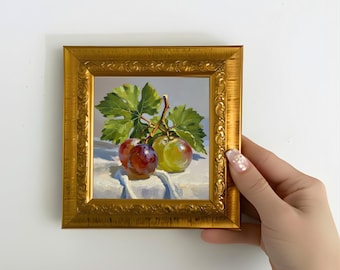 Handgeschilderd druivenolieverfschilderij, klein ingelijst fruitkunstwerk 5 x 5 inch ingelijst canvas