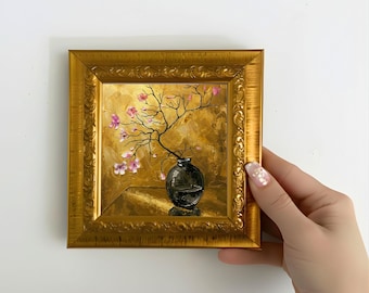 Pink Blossom Branch Painting, Minimalist Gold Frame Canvas Art