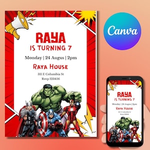 Hero Cartoon Birthday Invitation Editable Costume Party Template Digital Download