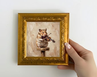 Hamster spielt Geige Ölgemälde, winziges gerahmtes Kunstwerk