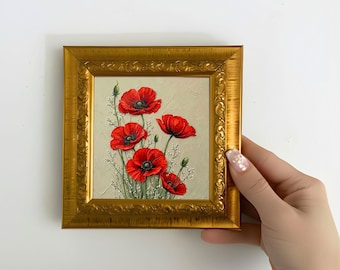 Red Poopies Flower Oil Painting, Floral Wall Art 5x5 inch Framed Canvas