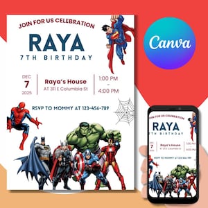 Hero Cartoon Birthday Invitation Editable Costume Party Template Digital Download