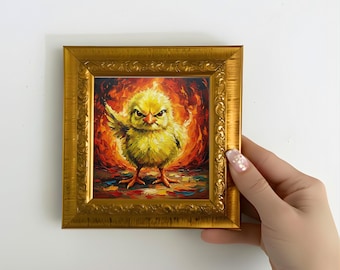 Mini pintura al óleo de pollito ardiente, arte animal audaz, lienzo enmarcado de 5 x 5 pulgadas