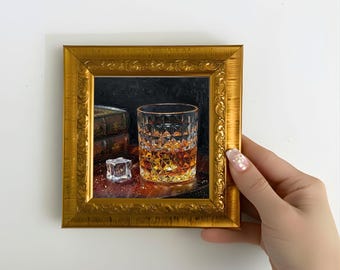 Peinture à l'huile sur glace cocktail, nature morte de bar, toile encadrée 5 x 5 po.