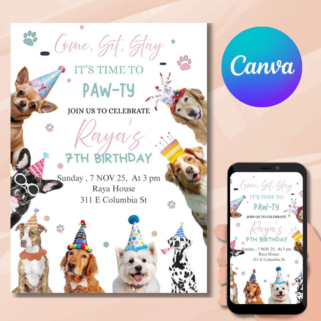Dogs Birthday Party Invitation, Cartoon Animals, Editable Template ...
