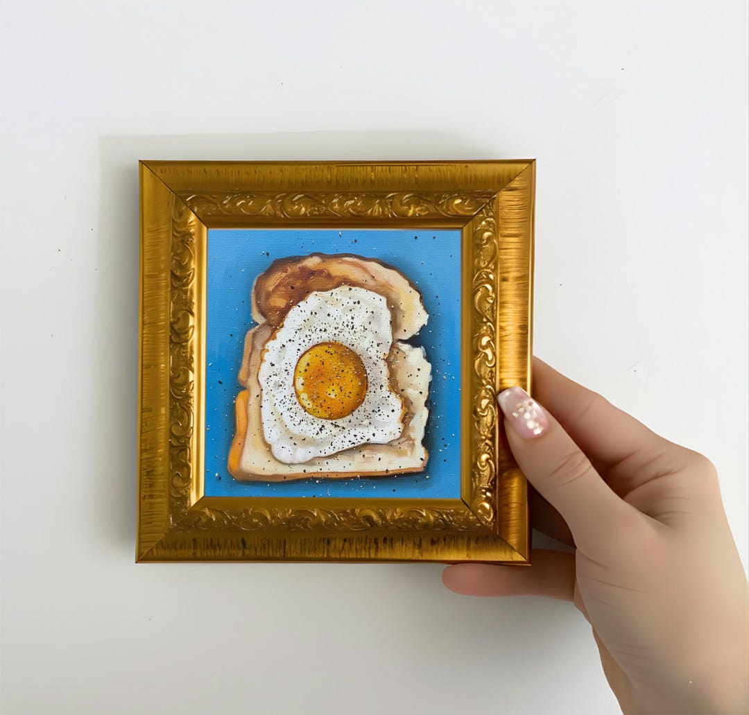 Mini Egg Toast Oil Painting, Breakfast Food Art, 4x4 / 5x5 Inch Framed ...