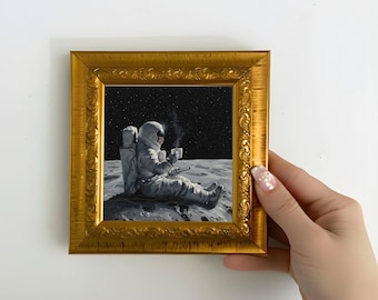 Mini pintura al óleo de astronauta en la luna, decoración de pared de arte espacial, lienzo enmarcado de 5 x 5 pulgadas