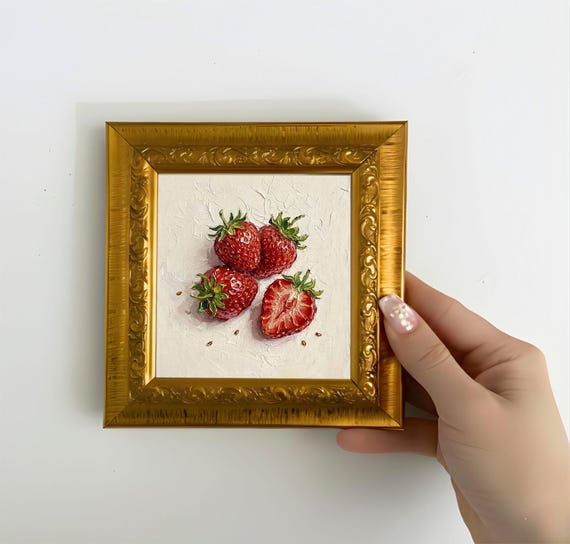 Strawberries Mini Oil Painting, Fresh Fruit Still Life Art, Kitchen Wall Decor