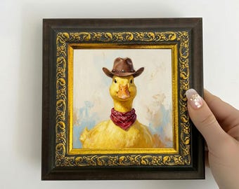 Cowboy Duck Original Oil Painting, Western Animal Decor, Framed Mini Canvas Artwork