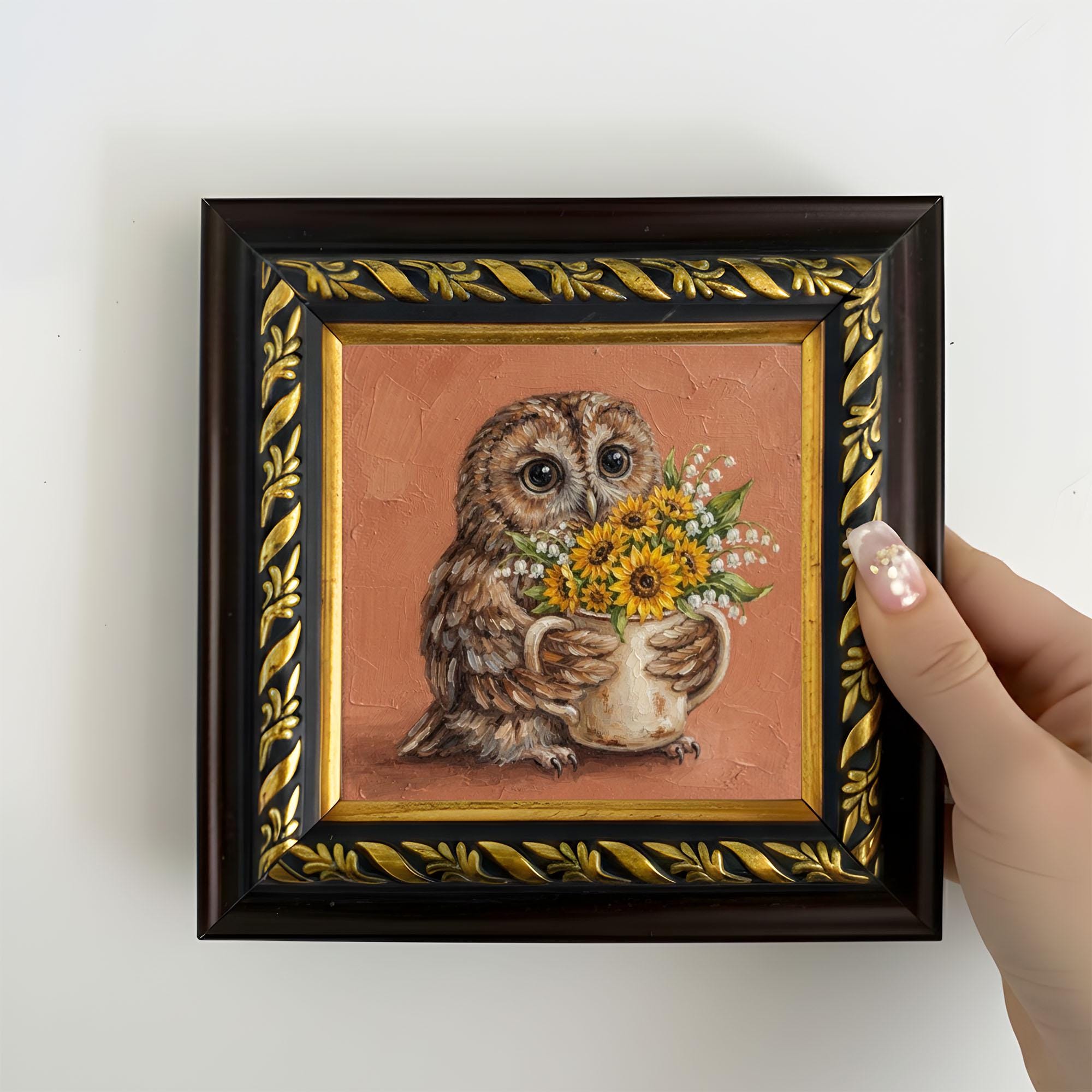Owl Holding Sunflower Original Oil Painting, Framed Mini Canvas Artwork