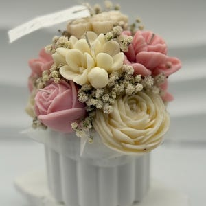 Handgemachter Blumenstrauß aus Kerzen / Fleur Rosa -Weiß  /Topf  Keramiktopf rund / Bio-Rapswachs