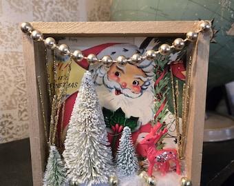 Handmade Kitschmas Diorama, Vintage Christmas Scene, Shadow Box