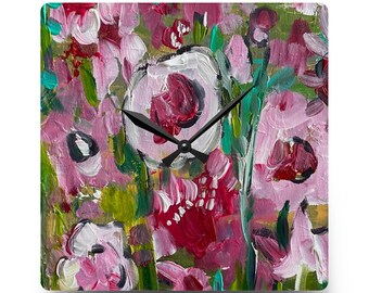 Acrylic Wall Clock, red and pink flowers, kitchen clock