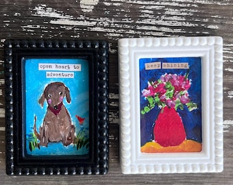 Dog  framed art in magnetic frame, magnet lover gift idea, floral art magnets