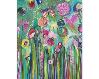 Canvas Gallery Wraps, flower field painting, abstract floral painting, butterfly and hummingbirds