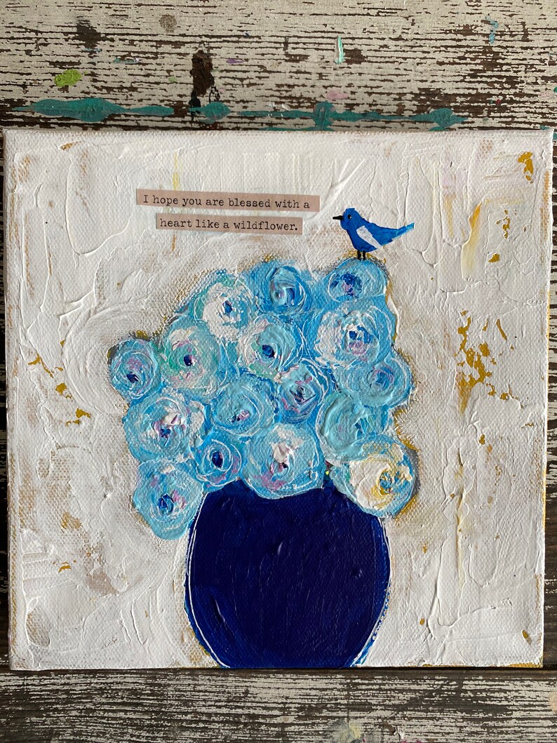 8 x 8, Flower painting blue roses painting original painting .abstract flower painting original flower painting vintage inspired art