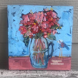 Abstract Floral Painting: Colorful Wood Art Panel, 8x8 Original