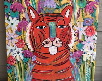 Tiger painting, tiger art, floral painting