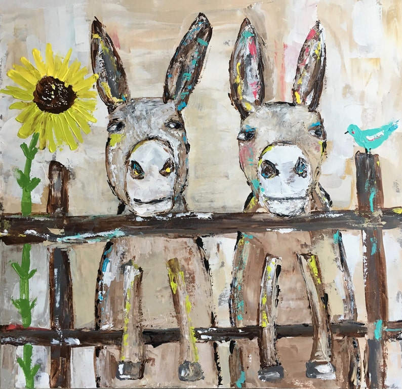 Donkey paintingfarm animal artoriginal paintingsunflower artnursery decorkids bedroom wall artbird art