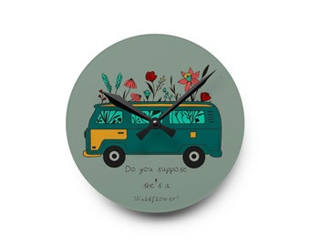 Acrylic Wall Clock, wildflower van, kitchen clock