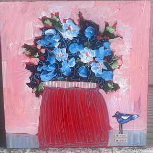 Abstract Floral Painting: Colorful Flower Arrangement on Wood Panel