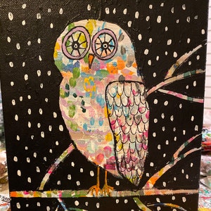 Owl painting, abstract owl painting, whimsical owl painting, original painting, 8 X 10 gallery wrapped canvas,