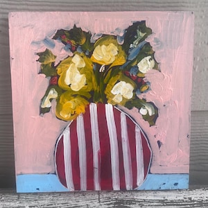 Abstract Floral Painting: Colorful Wood Art Panel, 8x8 Original