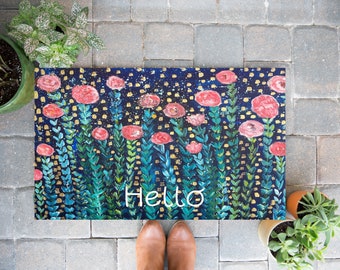 Outdoor Rug, pink flowers rug, hello door mat, floral outdoor rug, housewarming gift